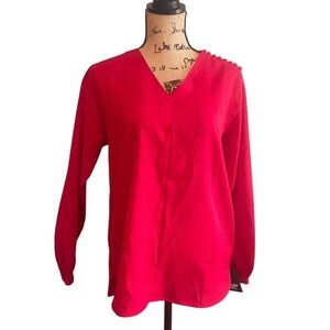 NWT Lands End Womens Buttons On Shoulder Long Sleeve V Neck Blouse Red Size 6